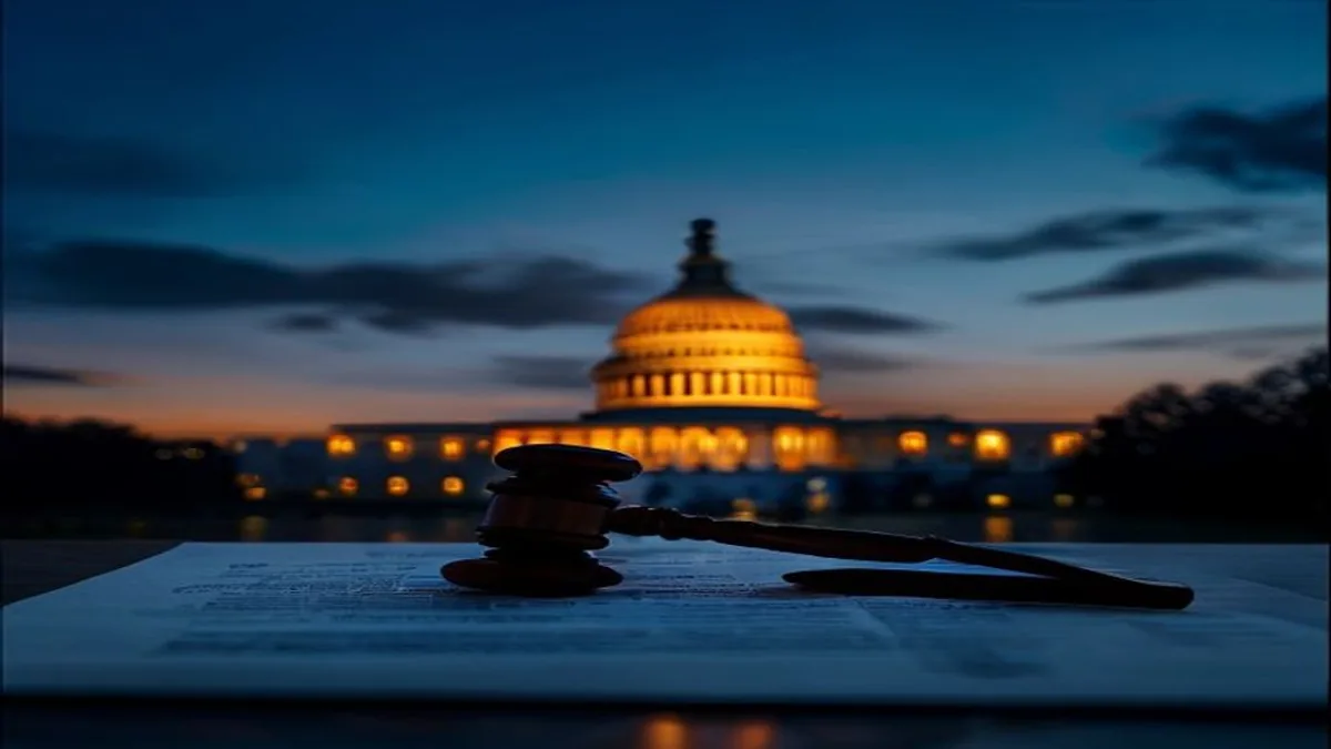 US Capitol dome silhouette at twilight with a gavel and legal document in the foreground.