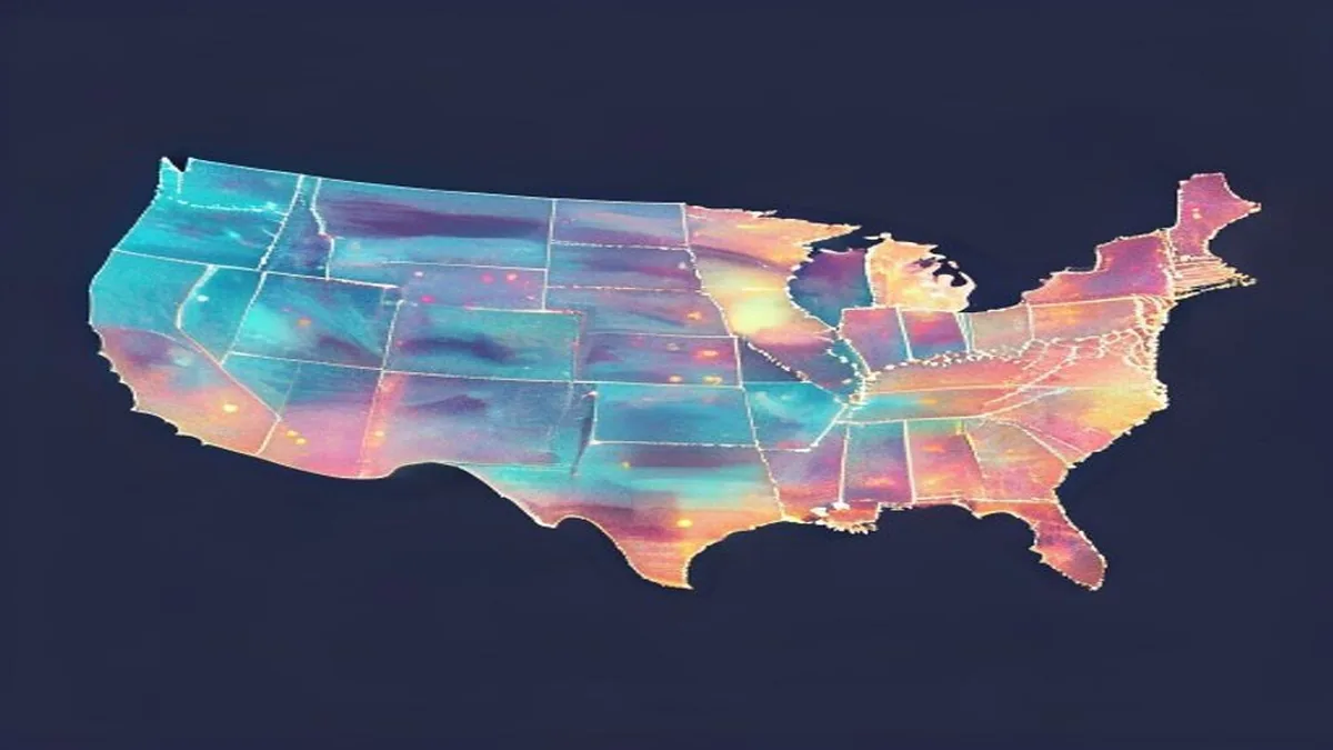 Smartphone displaying a US map with select states highlighted in cyan, amber, and pink.