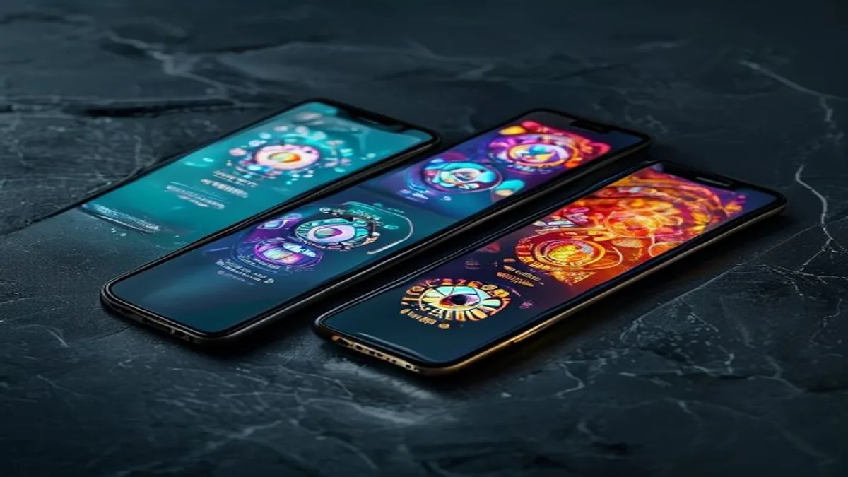 Two smartphones side by side displaying generic casino slot app interfaces glowing on a slate surface.