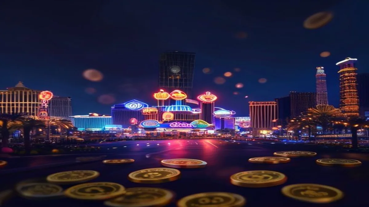 Las Vegas Strip skyline at night with neon casino marquees and softly glowing gold coins drifting in the foreground over a deep navy sky.