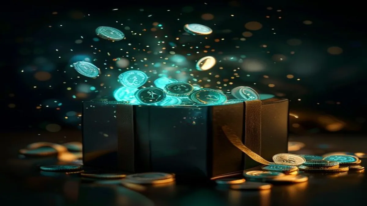 Cascading translucent cyan coins overflowing from a black premium gift box on a luxurious dark background.