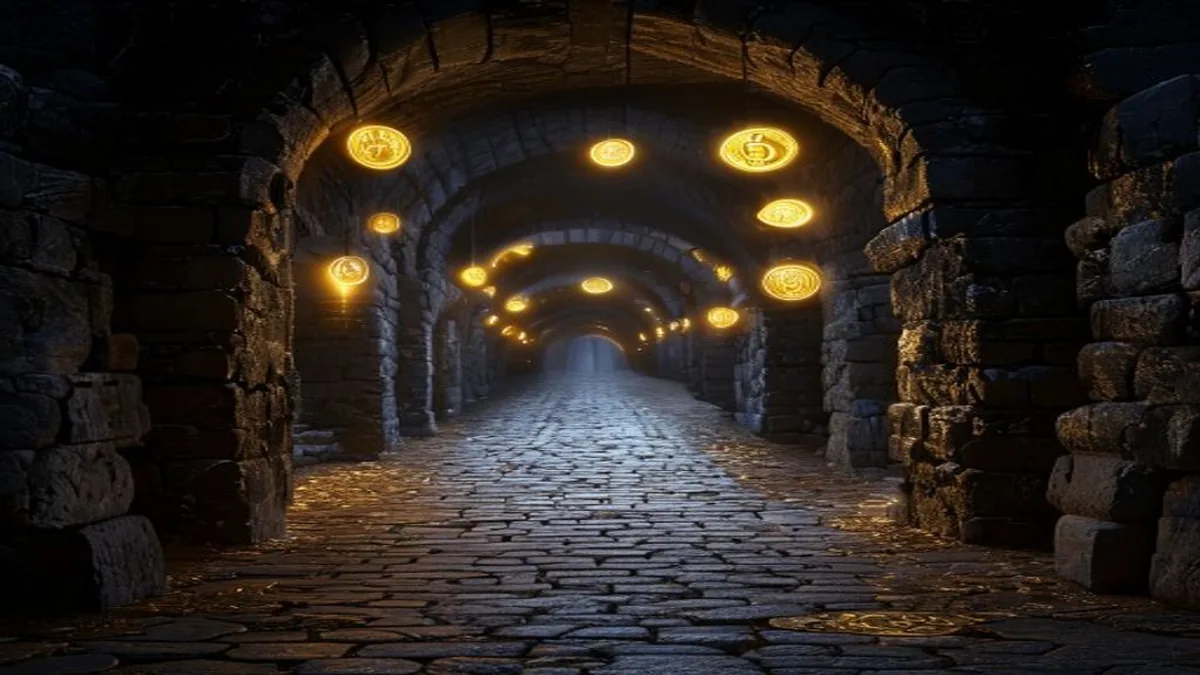 Luminous open doorway at the end of a dark corridor with golden coins floating in the air.