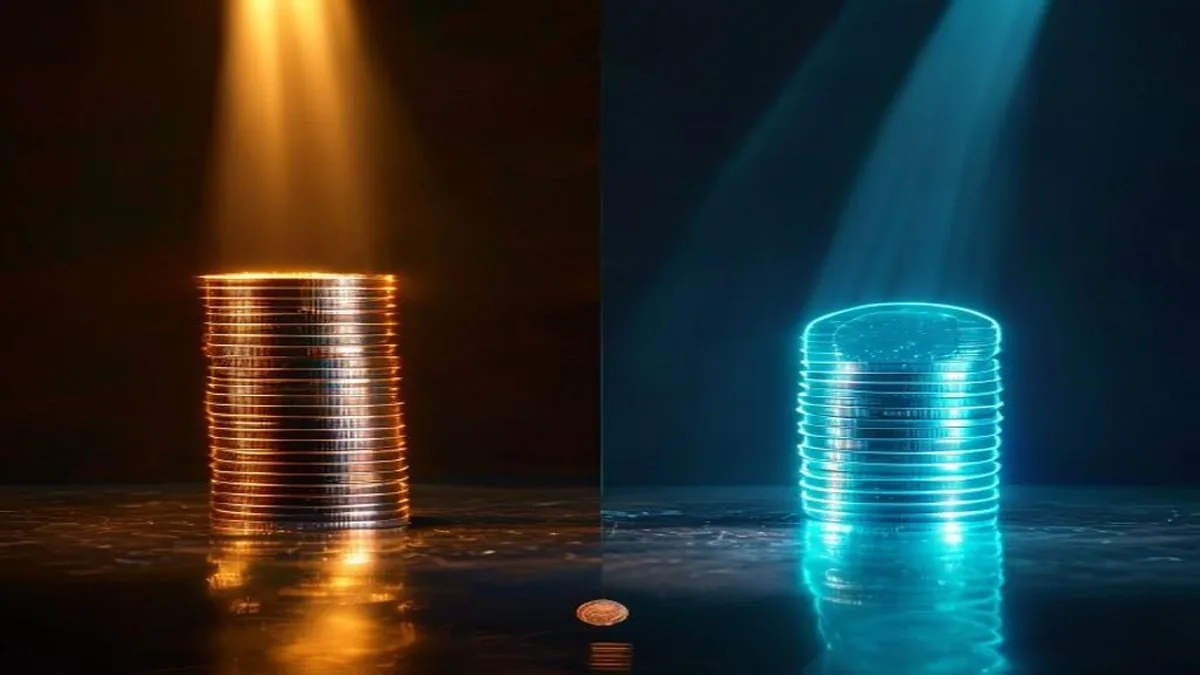 Split frame showing a tall stack of gold coins on the left and one glowing cyan coin on the right.