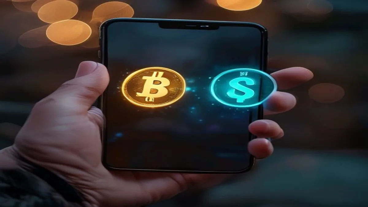 Smartphone in a hand displaying a dual-currency casino interface with gold and cyan coin icons.