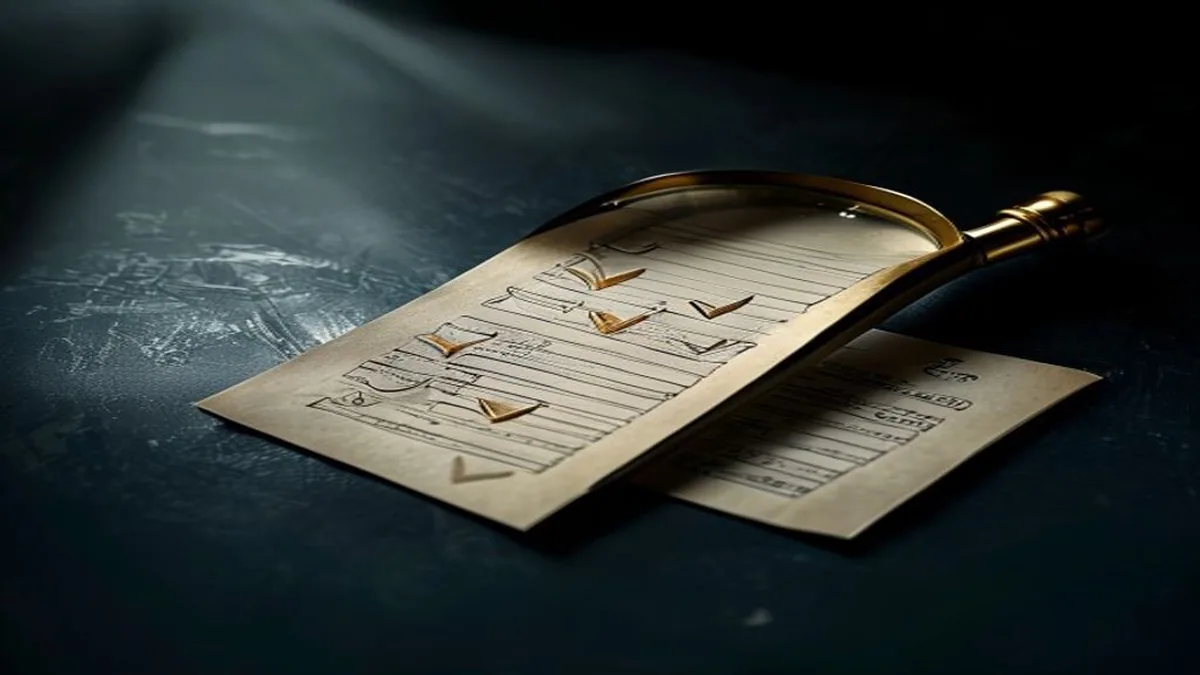 Vintage brass magnifying glass hovering over a paper checklist with several gold check marks.