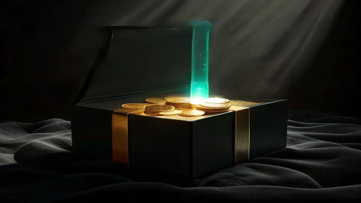 Open premium gift box with golden light pouring out and translucent cyan coins floating above.