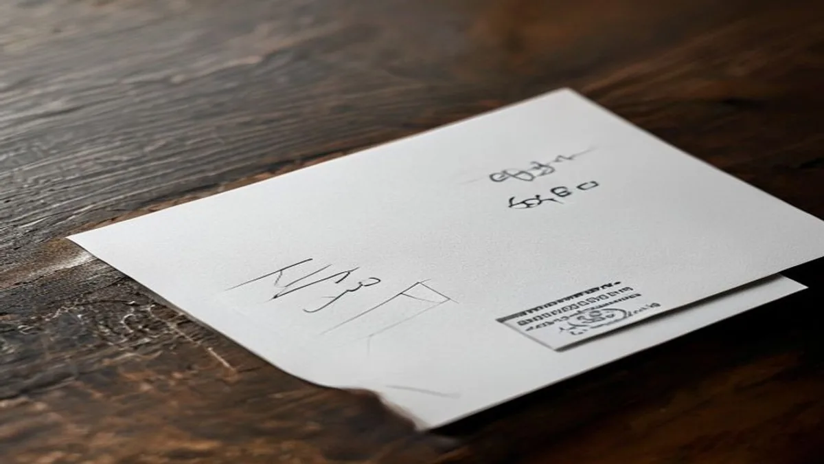 Handwritten 3x5 index card next to a number 10 envelope and a USPS first-class stamp on a wooden desk.