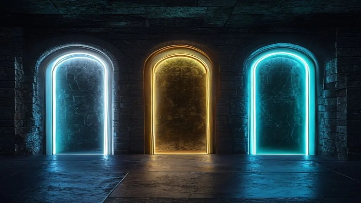 Three glowing doorways representing social, sweepstakes, and real-money casino categories.
