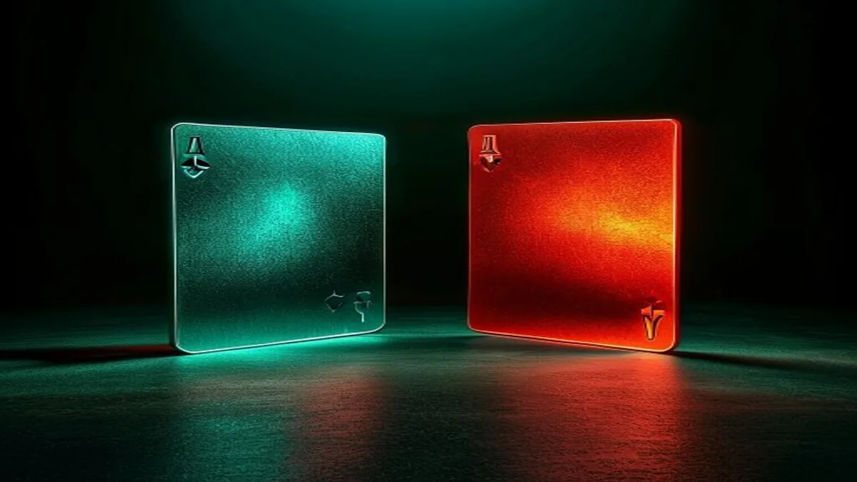 Two opposing playing cards facing each other on dark green felt with gold and red rim lighting.