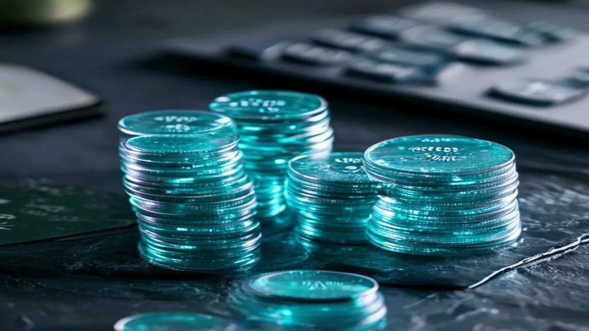 Five stacks of glowing cyan coins arranged in decreasing height with a calculator partially visible.