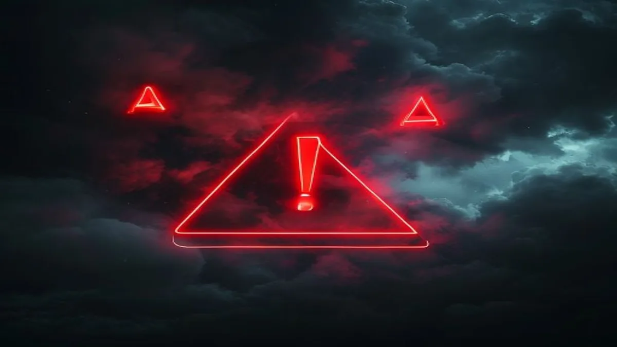 Glowing red warning triangle suspended in front of a stormy dark backdrop with smaller red exclamation marks around it.