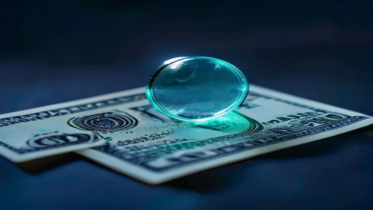 Single glowing translucent cyan Sweeps Coin floating with a dollar bill folded behind it.