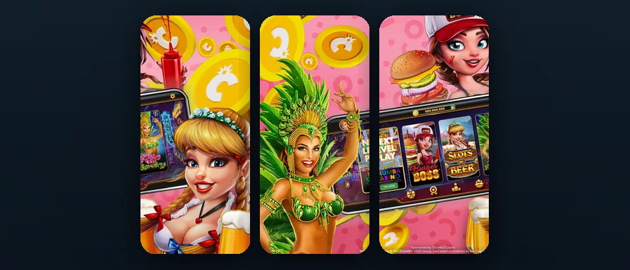 Three Chumba Casino mobile app screens shown side by side: a Rio Revelry slot game in play, two of Chumba's signature illustrated mascots (a Carnival dancer and a Bavarian beer-maid) framed by the Chumba gold-coin currency icons on a pink themed background.