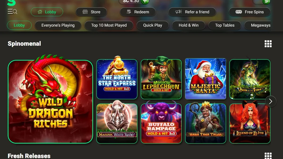 LoneStarCasino lobby screenshot showing the Spinomenal game section with Wild Dragon Riches, North Star Express, Magical Leprechaun and other slot tiles.
