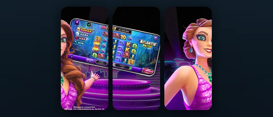 Three LuckyLand Slots mobile app screens shown side by side: a slot game with the Grand, Major, Minor and Mini jackpot ladder, the Atlantis 10K Ways underwater-themed slot, and LuckyLand's signature illustrated brand mascot in a purple sequined dress.