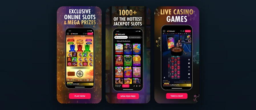 Three McLuck Casino mobile app screens shown side by side: Exclusive Online Slots and Mega Prizes with the 3 Big Barrels Buffalo slot, 1000-plus Hottest Jackpot Slots showing the in-app game grid, and Live Casino Games featuring a real-dealer roulette table.