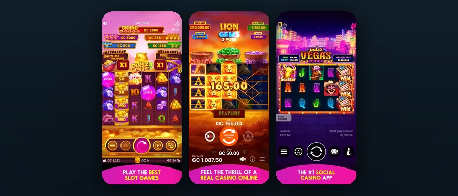 Three Pulsz Casino mobile app screens shown side by side: the Pulsz Pigger slot with its multi-tier jackpot ladder, the Lion Gems 3 Pots slot showing a 165.00 GC win, and the Vegas Rodeo slot, all under the Play the Best Slot Games, Feel the Thrill of a Real Casino Online, and The Number One Social Casino App banners.