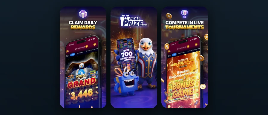 Three RealPrize Casino mobile app screens shown side by side: Claim Daily Rewards with the King of the Sky slot showing a $3,446 grand jackpot, an Over 700 Social Casino Games promo card with the RealPrize logo, and a Compete in Live Tournaments screen featuring the Golden Dragon Inferno bonus game.