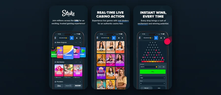 Three Stake.us mobile app screens shown side by side: the Stake Originals lobby with Roulette, Plinko, Crash, Dice, and Mines tiles; the live casino with real-dealer Blackjack, Roulette, and Baccarat tables; and Plinko gameplay with risk and row controls.